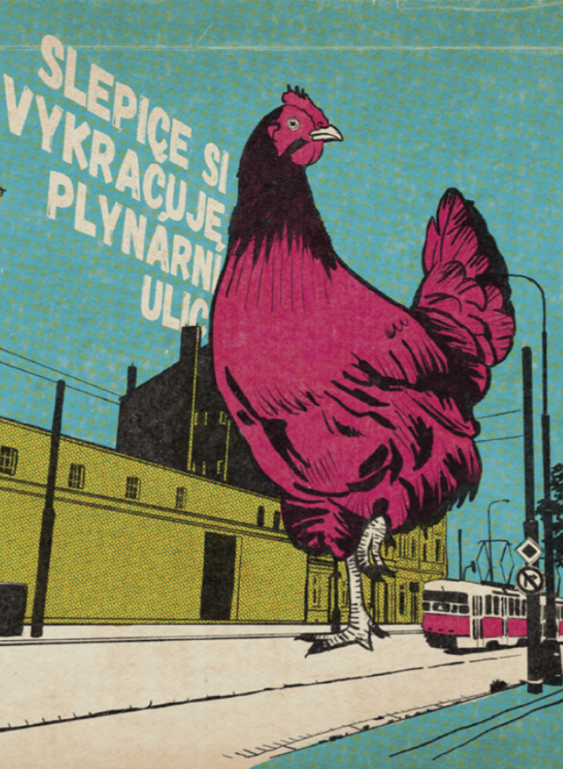 digitální ilustrace plakátu se slepicí a tramvají v Holešovicích